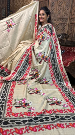 Soft Beige Pure Tussar Silk Kantha Embroidered Saree