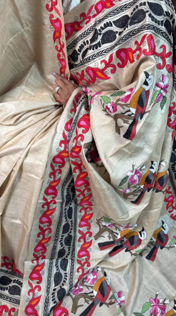 Soft Beige Pure Tussar Silk Kantha Embroidered Saree