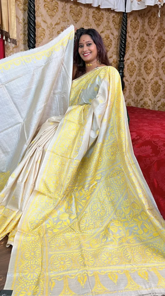 Maansi Beige Pure Tussar Silk Kantha Embroidered Saree