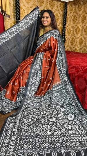 Rustic Brown Pure Tussar Silk Kantha Embroidered Saree