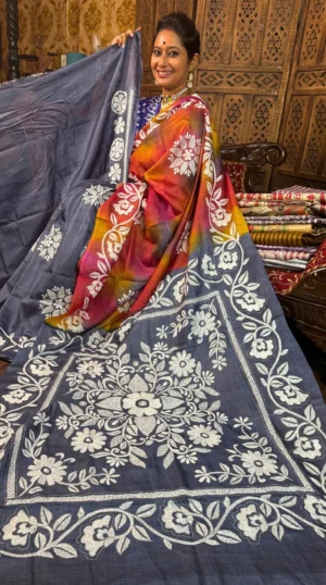Ombre Red Pure Tussar Silk Kantha Embroidered Saree