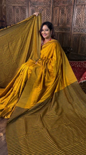 Muted Yellow Kantha Embroidered Pure Silk Saree