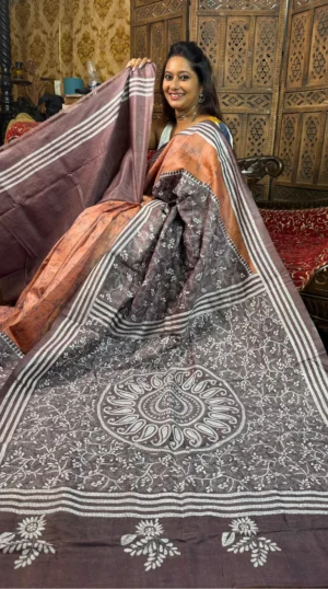 Anushna Pure Tussar Silk Batik Kantha Fusion Saree