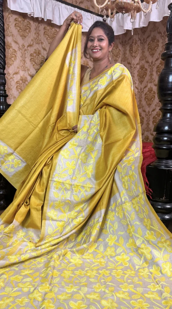 Kanika Yellow Pure Tussar Silk Kantha Embroidered Saree
