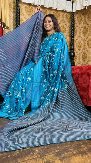 Vibrant Teal Pure Silk Kantha Embroidered Saree