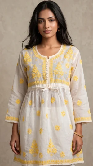 Krishika White Short Chikankari Kurta