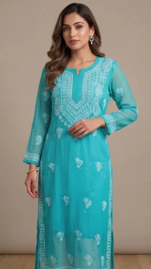 Tanisha Teal Chikankari Kurta