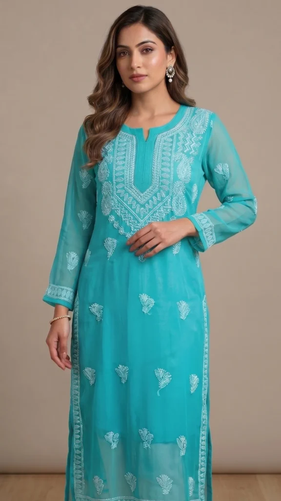 Tanisha Teal Chikankari Kurta