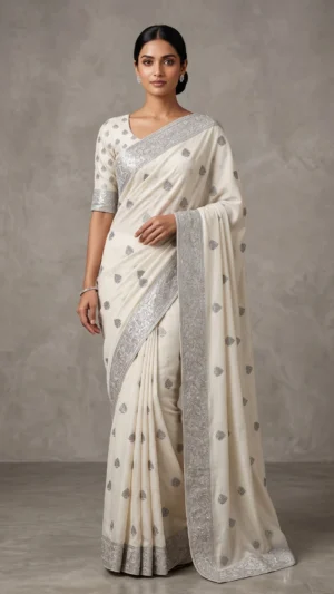 Himalayan White Kashmiri Aari Embroidery Georgette Saree