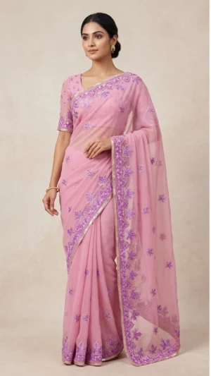 Monochrome Pink Kashmiri Aari Embroidery Georgette Saree