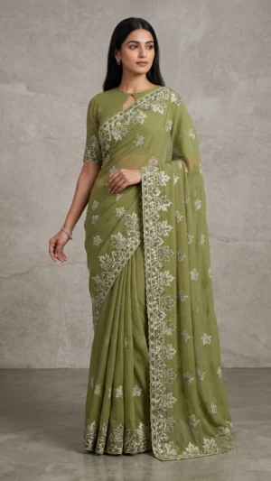 Pastel Green Kashmiri Aari Embroidery Georgette Saree