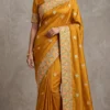 Yellow Kashmiri Aari Embroidery Satin Saree