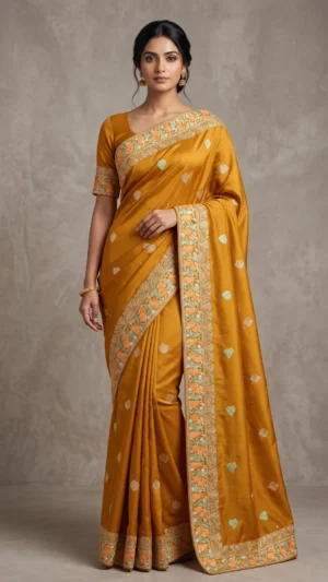 Yellow Kashmiri Aari Embroidery Satin Saree