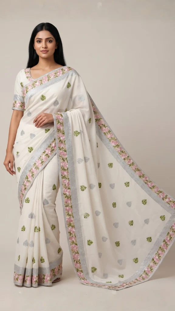 Rushali White Kashmiri Aari Embroidery Satin Saree