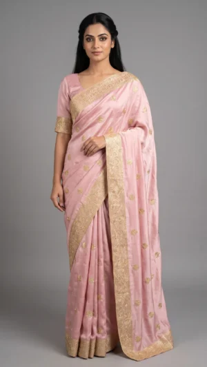 Baby Pink Kashmiri Aari Embroidery Georgette Saree