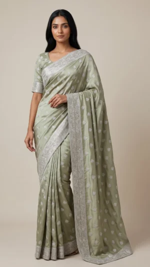 Sage Green Kashmiri Aari Embroidery Georgette Saree