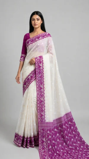 Tanuja White Pure Cotton Jamdani Saree