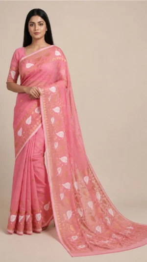 Bitasta Pink Pure Cotton Jamdani Saree with Zari
