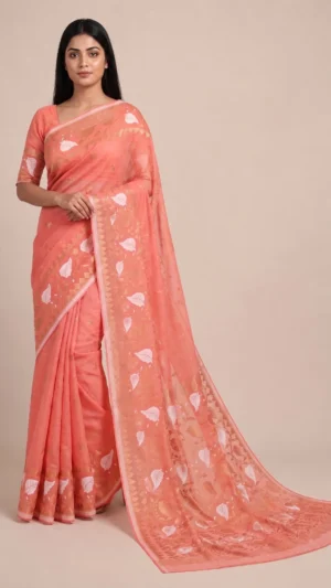 Nileesha Orange Pure Cotton Jamdani Saree with Zari