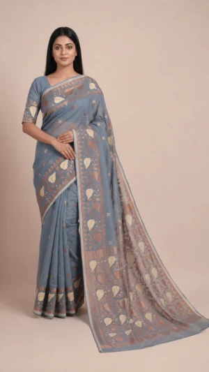 Arsha Grey Pure Cotton Jamdani Saree with Zari