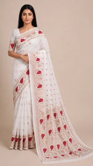 Debalina White Pure Cotton Jamdani Saree with Zari