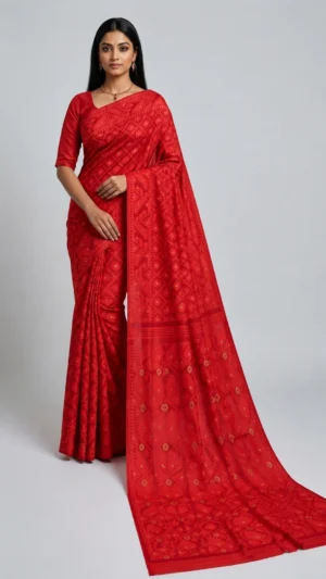 Vibhuti Red Muslin Jamdani Saree