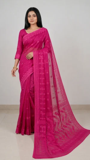 Tiyasa Pink Muslin Jamdani Saree
