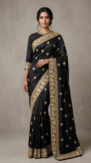 Tuhina Black Kashmiri Aari Embroidery Satin Saree