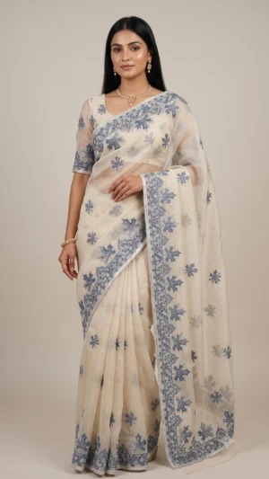 Chaarvi White Kashmiri Aari Embroidery Georgette Saree