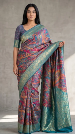 Reiya Teal Pashmina Silk Jamewar Saree with Brocade