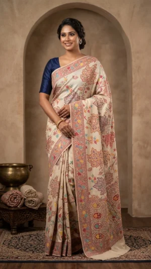 Off White Premium Pashmina Silk Jamewar Saree