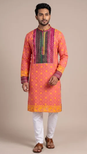 Orange Full Sleeve Dhakai Punjabi