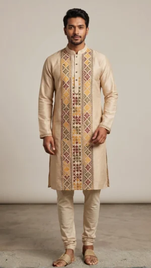 Beige Pure Tussar Kantha Punjabi
