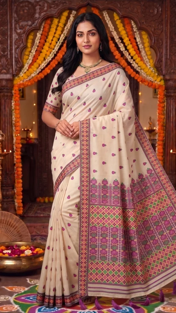 Maini Off-white Pure Assam Silk Saree